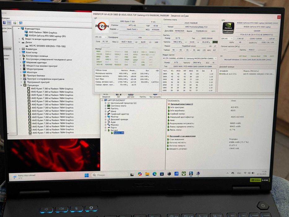 Ігровий Ноутбук Asus TUF 16" 165Hz Ryzen 7-260/16DDR5/1Tb/RTX 5060 8Gb