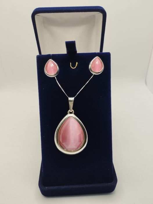 Srebrny komplet z różowym kamieniem, próba 925