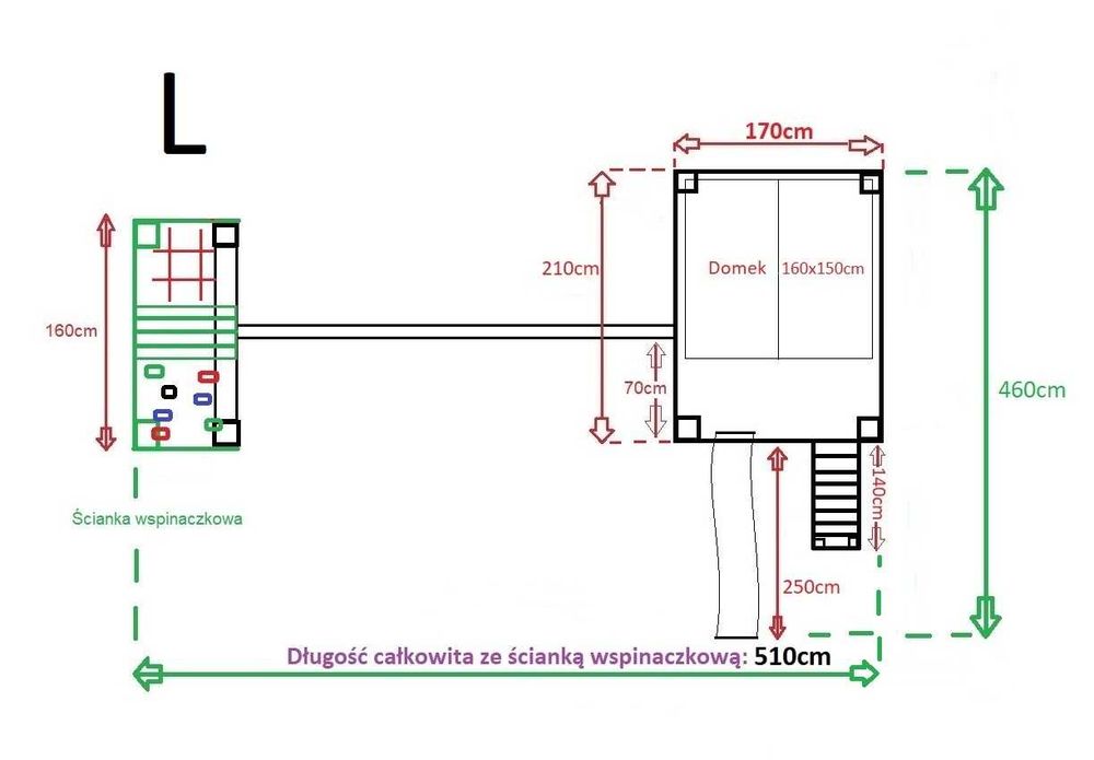 Plac zabaw "prosty" domek dla dzieci. Rozm. L. Huśtawki, wspinaczka