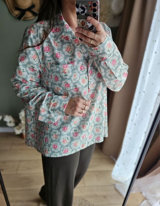 Oversize Koszula damska plus size XXL Mięta Kwiaty Róże Romantyczna Dł