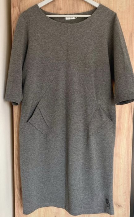Bawełniana szara sukienka długi rękaw 34 prosty krój M L