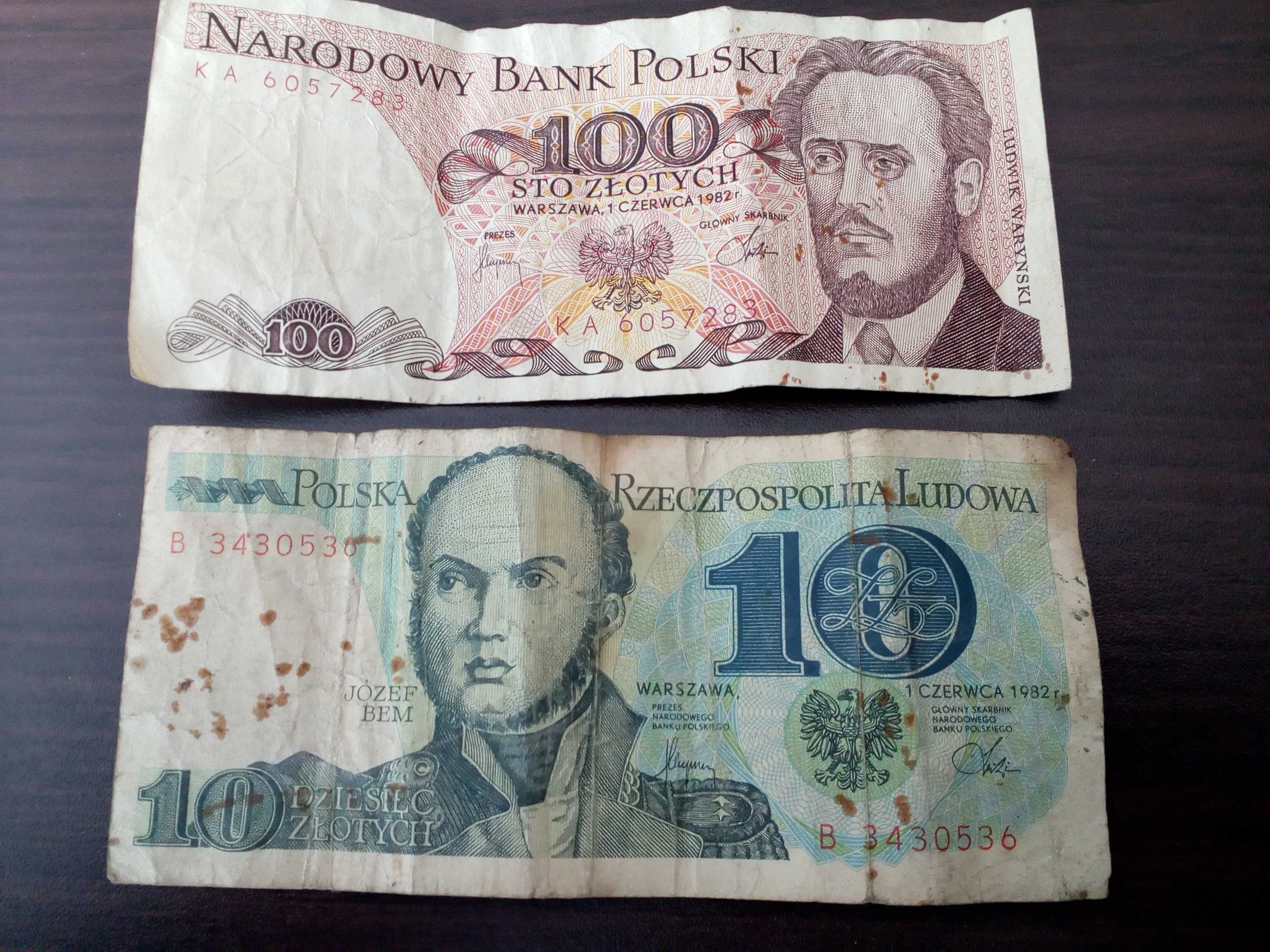 Dwa banknoty Waryński 100 zł i Bem 10 zł - z 1982 roku