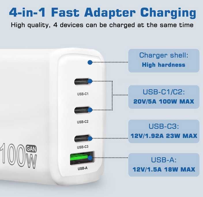 Ładowarka USB C, 100 W, 4 porty USB C Z Kablem