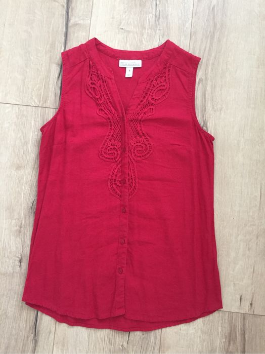 Lniana bluzka bez rękawów r. S czerwona koronka 36
