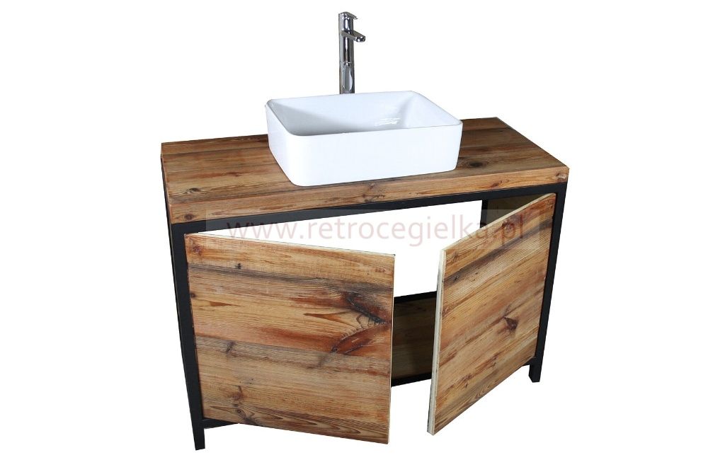 Szafka łazienkowa, stare drewno sosnowe, jasne, drzwiczki, stalowa ram
