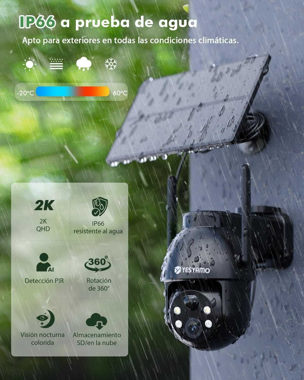Câmera vigilância 360º WiFi com painel solar e bateria.
