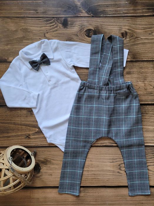 Elegancki zestaw dla chłopca na chrzest roczek urodziny muszka szelki
