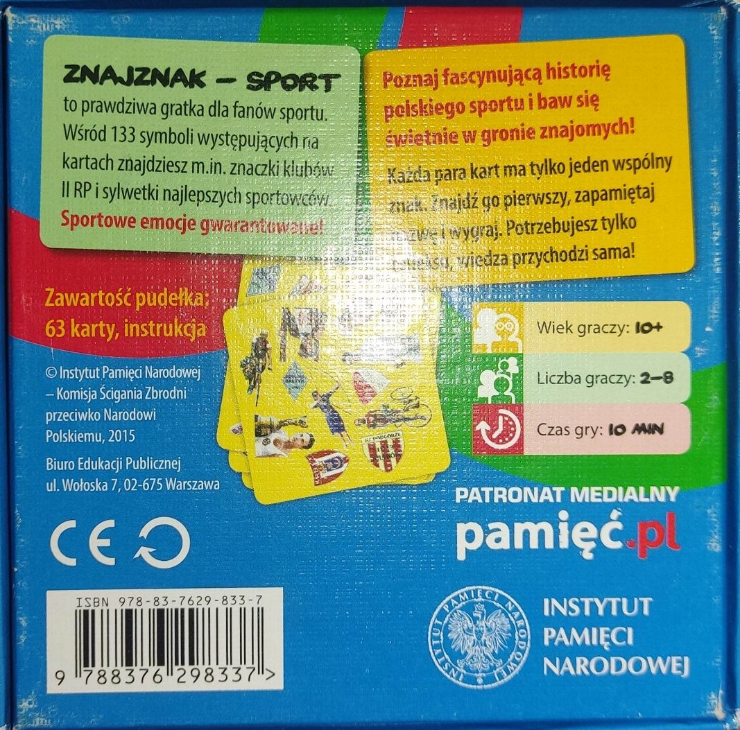 Znaj znak. Sport. Karciana gra rodzinna, stan b. dobry, 63 karty, IPN