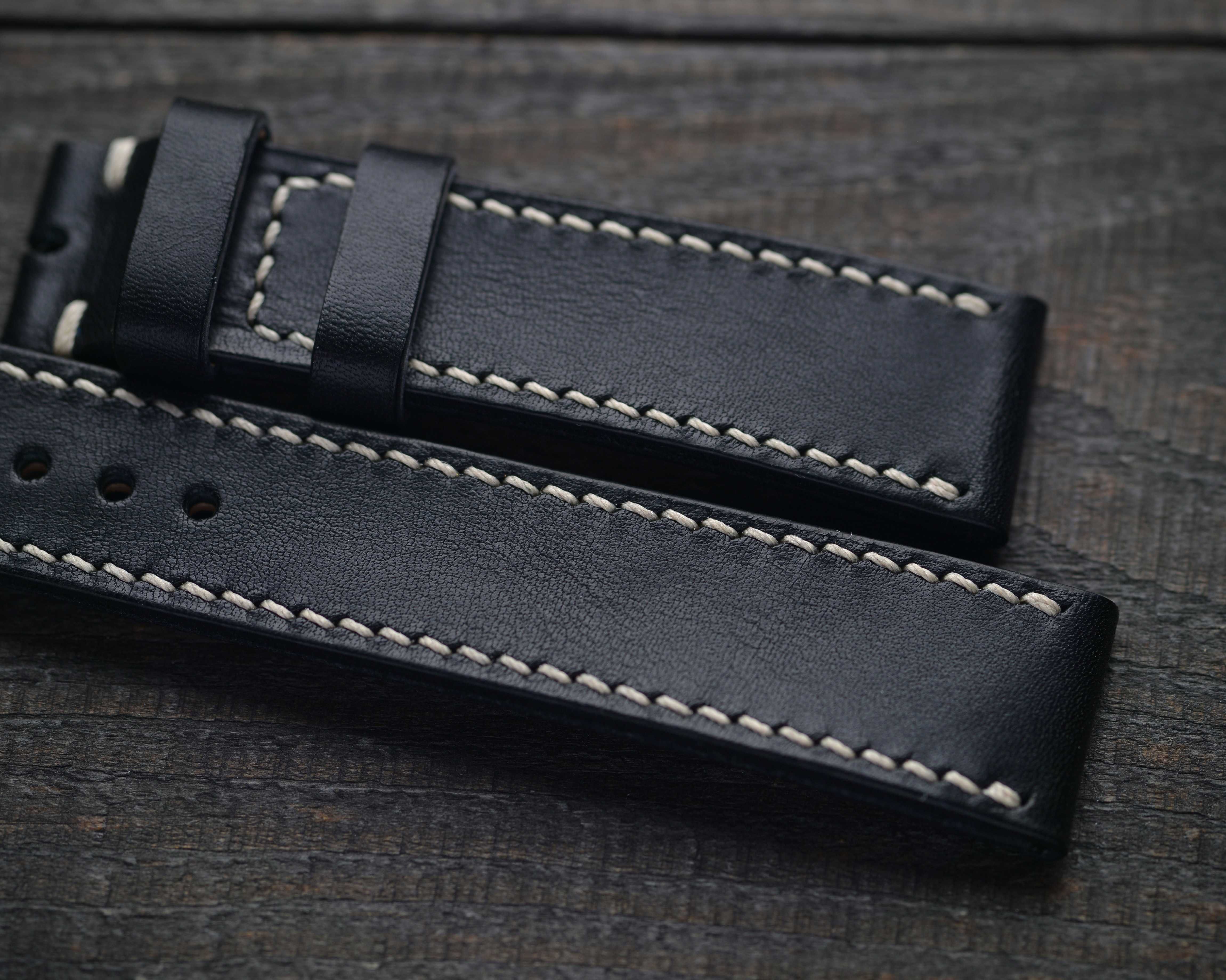 Чёрный кожаный ремешок для часов 20 х 18 мм браслет Ручная работа