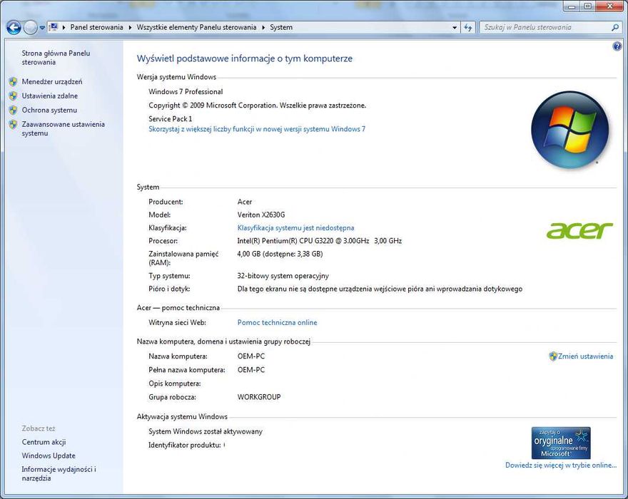 Acer Veriton X2630G SFF INTEL G3220 3.0GHz 4/320GB COM DVI