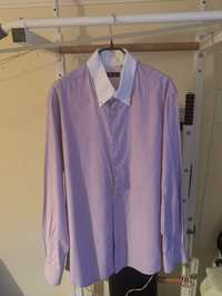 Стильная рубашка хебешная в фиолетево-белую полоску с белым воротником