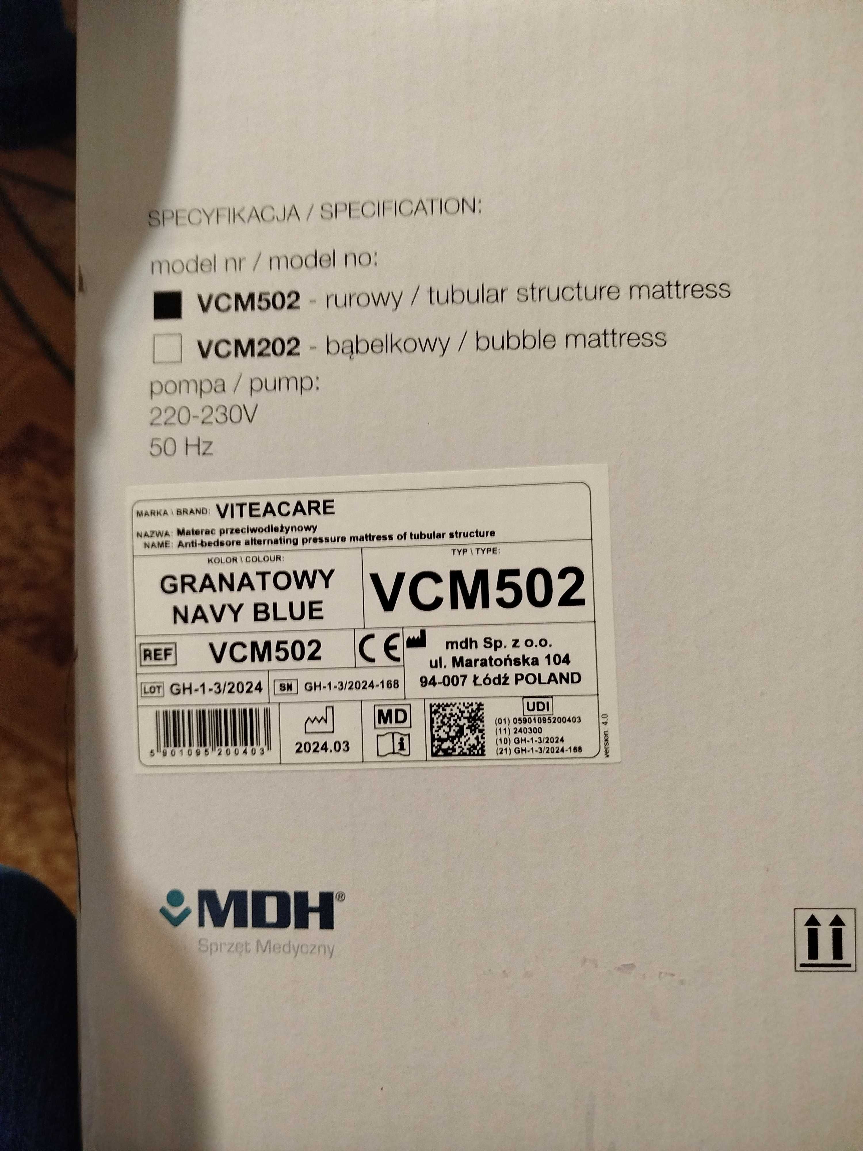 Materac przeciwodleżynowy rurowy Vitea Care VCM502 z mikrowentylacją