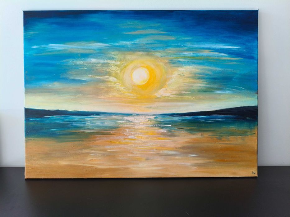 Obraz Olejny 50x70 Abstrakcja Wschód Słońca Morze Góry Szpachelka Woda