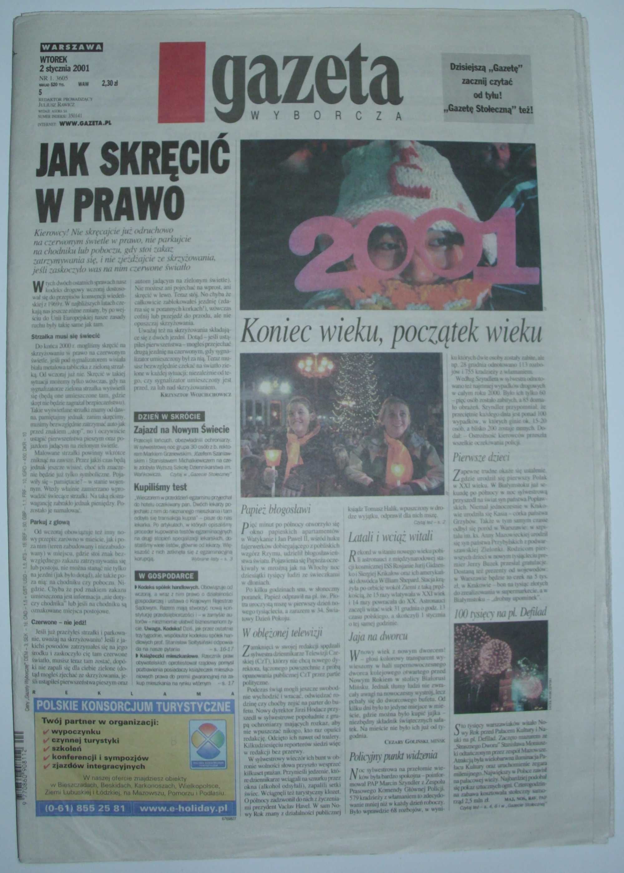 Unikat pierwsze wydanie w XXI w. Gazeta Wyborcza 02.01.2001 Nr 1. 3605