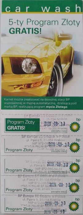 Karnet na myjnię automatyczną BP 5x Program Złoty