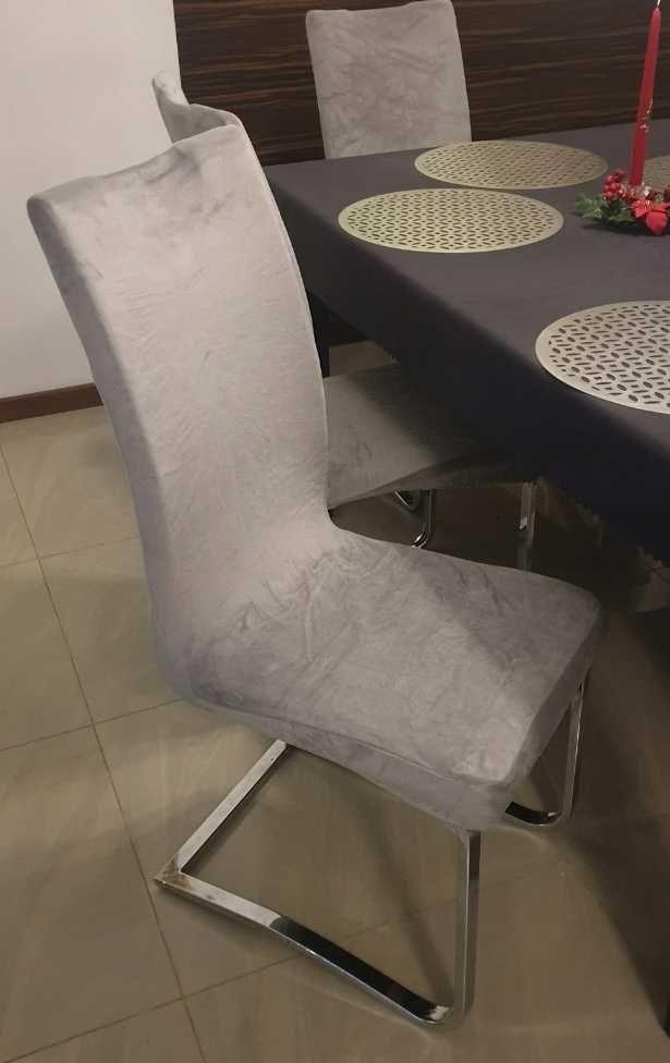 Komplet 4 pokrowce na krzesła szare welurowe pluszowe miękkie