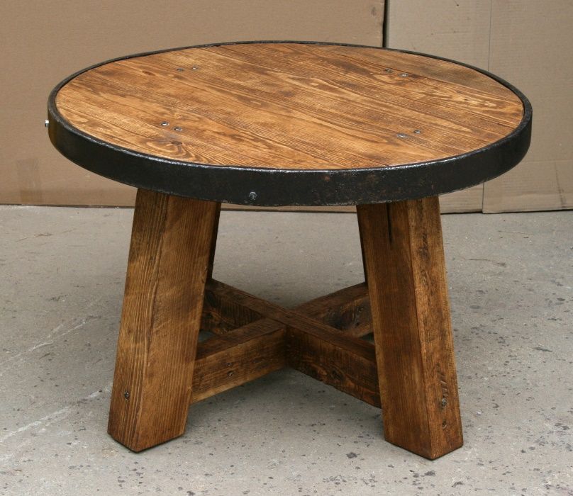 Stolik kawowy okrągły lite drewno kuta stal styl rustykalny koło