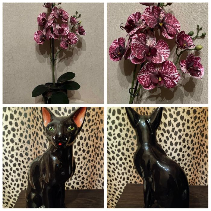 Орхидея фаленопсис искусственная композиция в горшке .Кошка статуэтка