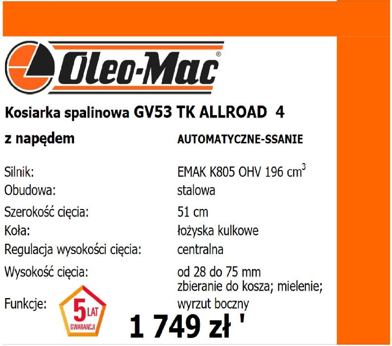 Kosiarka Spalinowa Z Napędem OLEO-MAC GV53 TK Allroad 4 RATY 0%