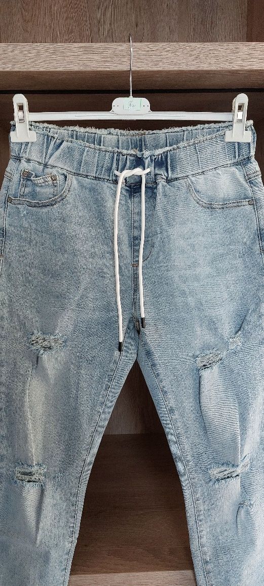 3D Denim Spodnie jeansowe na gumie z przetarciami wysoki stan Rozm. 42