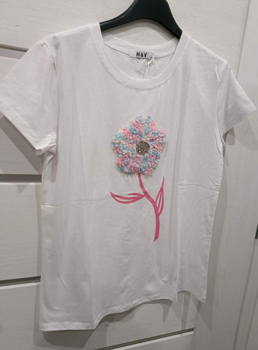 Bluzka T-shirt koszulka M38 L40 biała wiosenn kwiaty