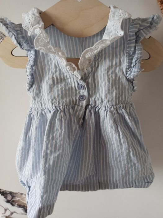 Sukienka Next błękitna niebieska w paski koronka kołnierzyk lato