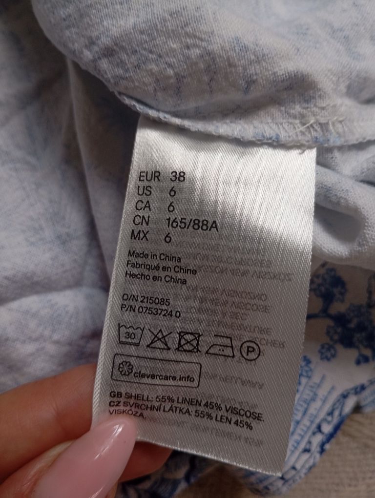 H&M M-L linen blend naturalna prosta biało-niebieska sukienka