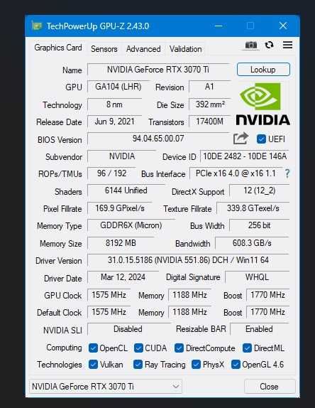 Nvidia Manli GALLARDO GeForce RTX 3070 Ti 8GB GDDR6X
