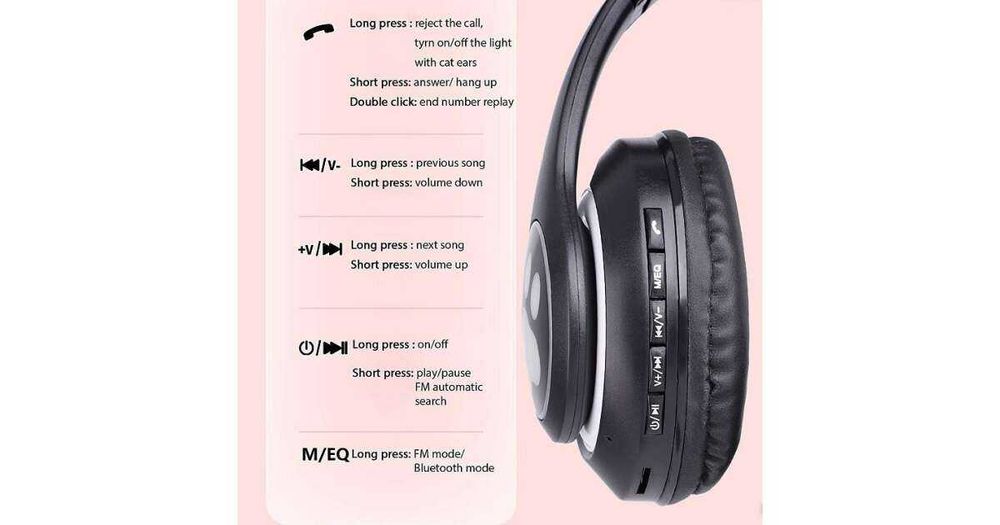 Słuchawki Dla Dzieci Bezprzewodowe Bluetooth Nauszne Kocie Uszy Czarny