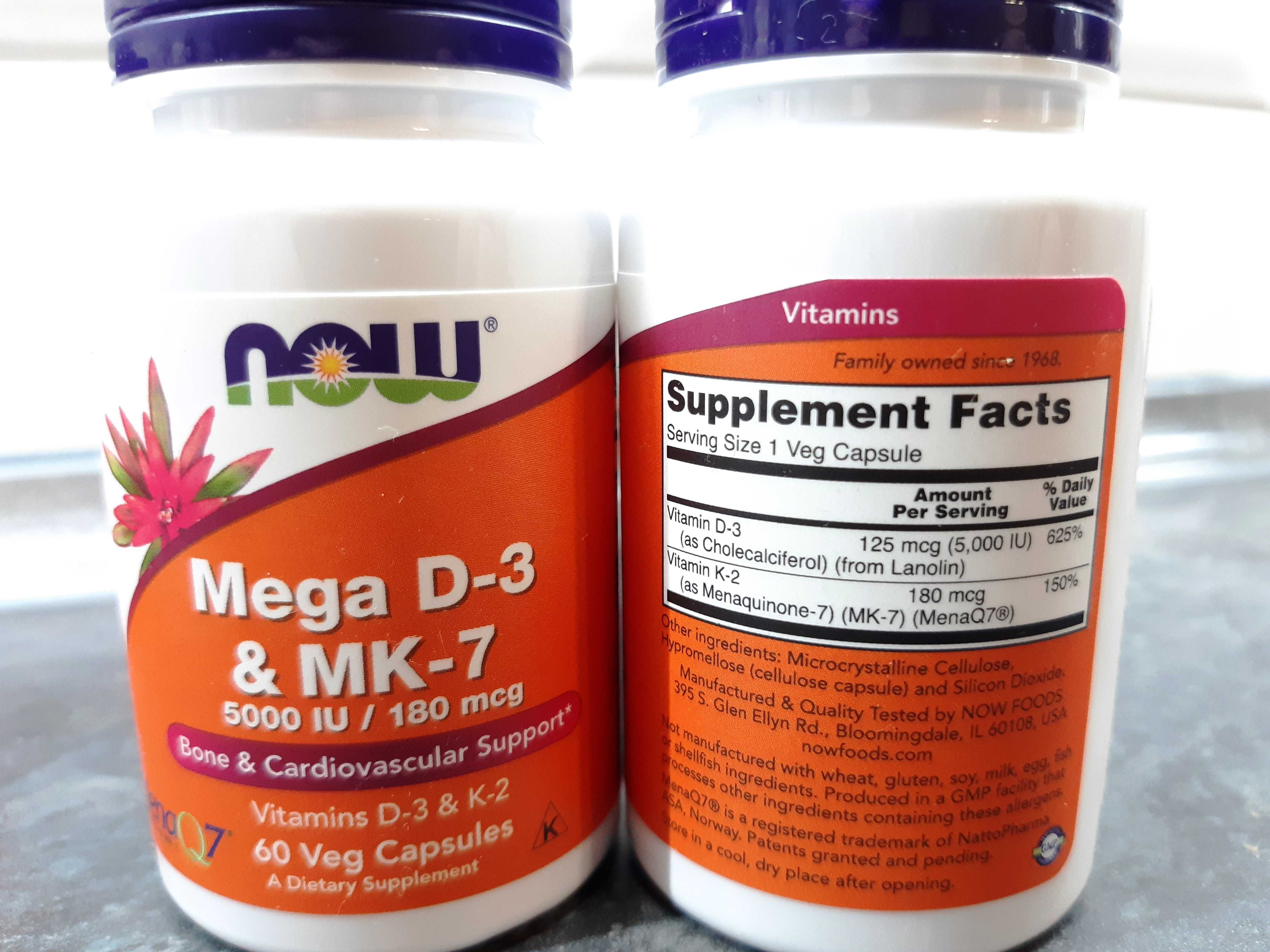 Now Foods, Mega D3 & MK-7 (60-120 капс.), D3 K2, витамин D3 MK-7
