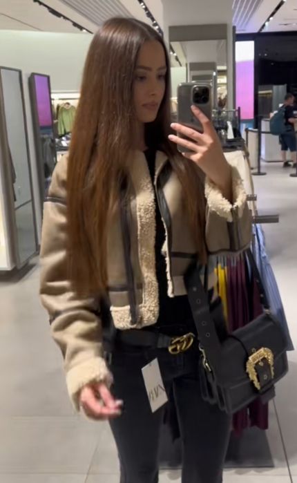 Zara kożuch L 40 pilotka kurtka brązowy biker