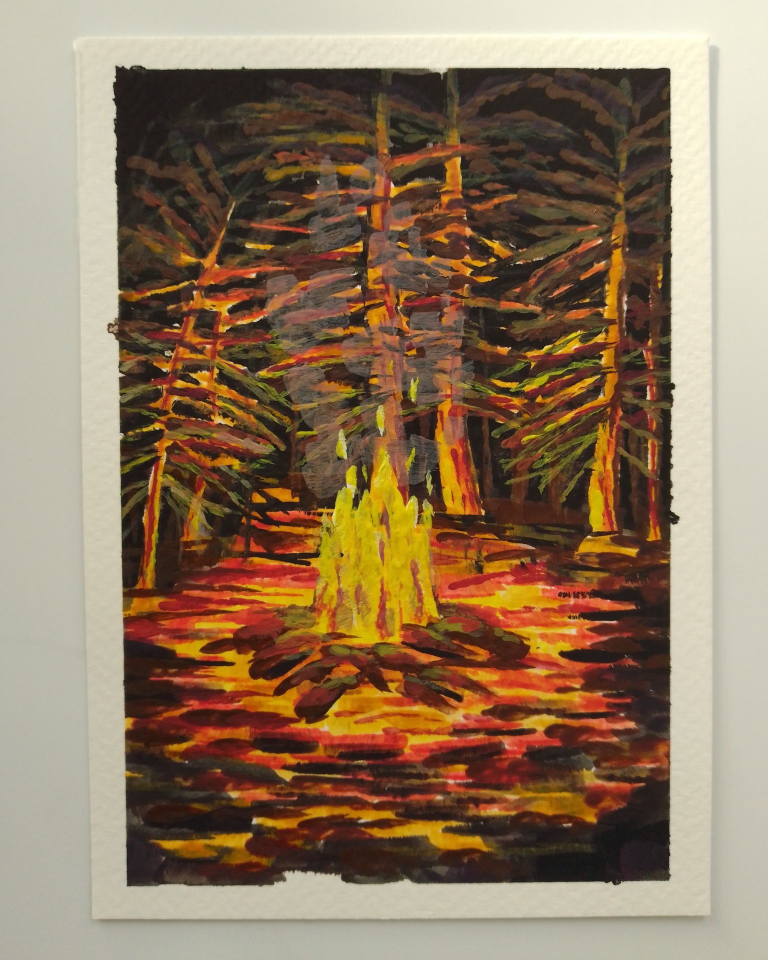 Картина гуашшю "Вогнище у лісі", малюнок