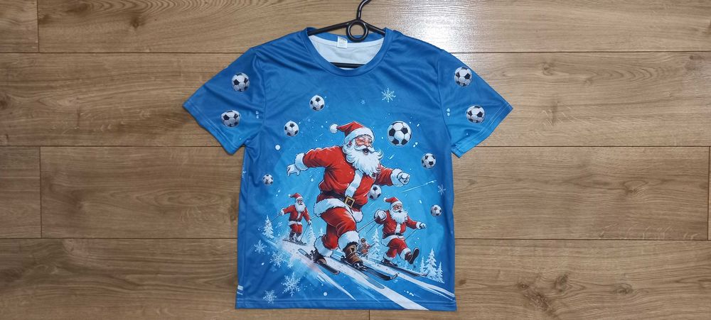 Niebieska chłopięca koszulka z Świętym Mikołajem i piłką nożną 150