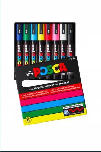 Zestaw Marker UNI Posca PC-5M z farbą plakatową mix kolorów 8szt.