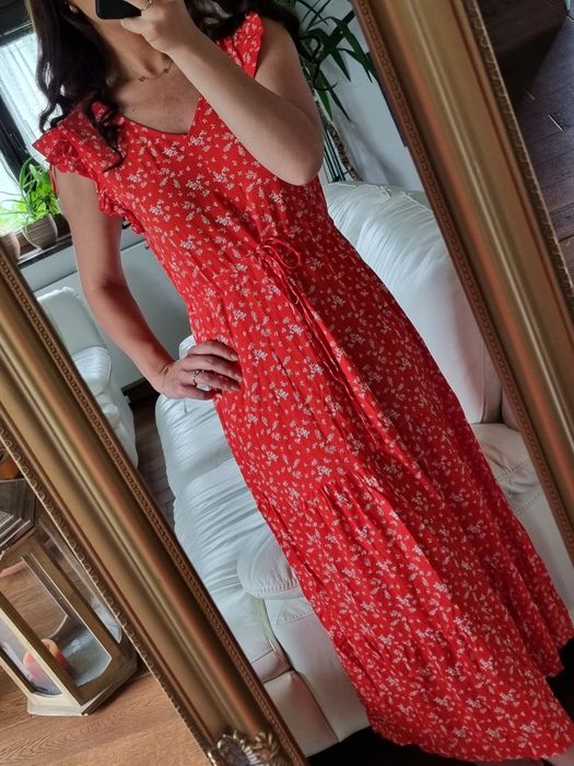 Długa zwiewna letnia czerwona sukienka w kwiatki z wiskozy S/M r