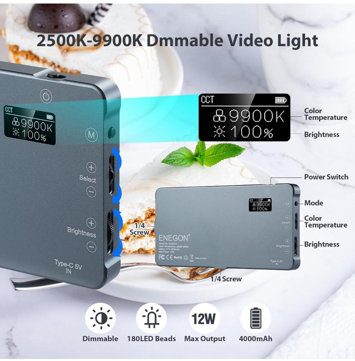 2 X Luz de Vídeo LED ENEGON 4000mAh Recarregável