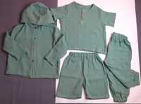зелений дитячий мусліновий костюм, сорочка+штани. шорти+футболка