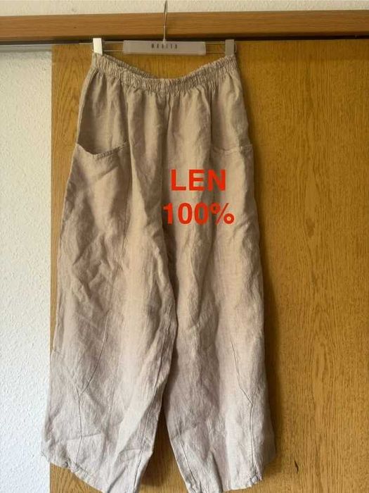 Luźne szerokie spodnie lniane 100% len fango taupe Italy piaskowy kolo