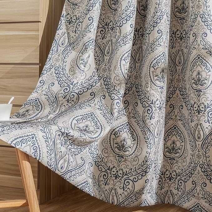 Zasłony okienne vintage 225x130 niebieskie len piękny wzór