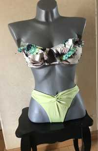 Komplet bikini strój kąpielowy seledynowy limonkowy XS S H&M falbanka