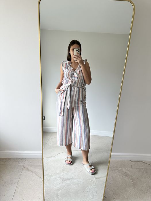 Lniany kombinezon na lato w paski F&F rozmiar 40 len wiskoza