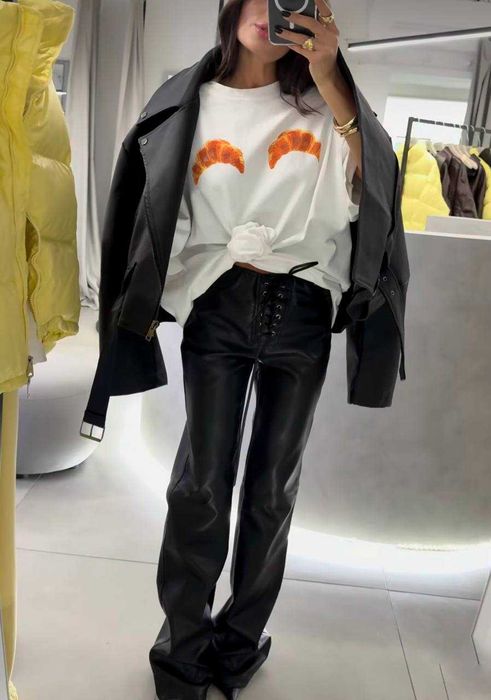 Жіночі штани  палацо з еко шкіри на шнуровці шоколад та чорні