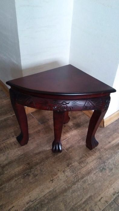 Oryginalny drewniany komplet ława stolik z szybą plus krzesełka