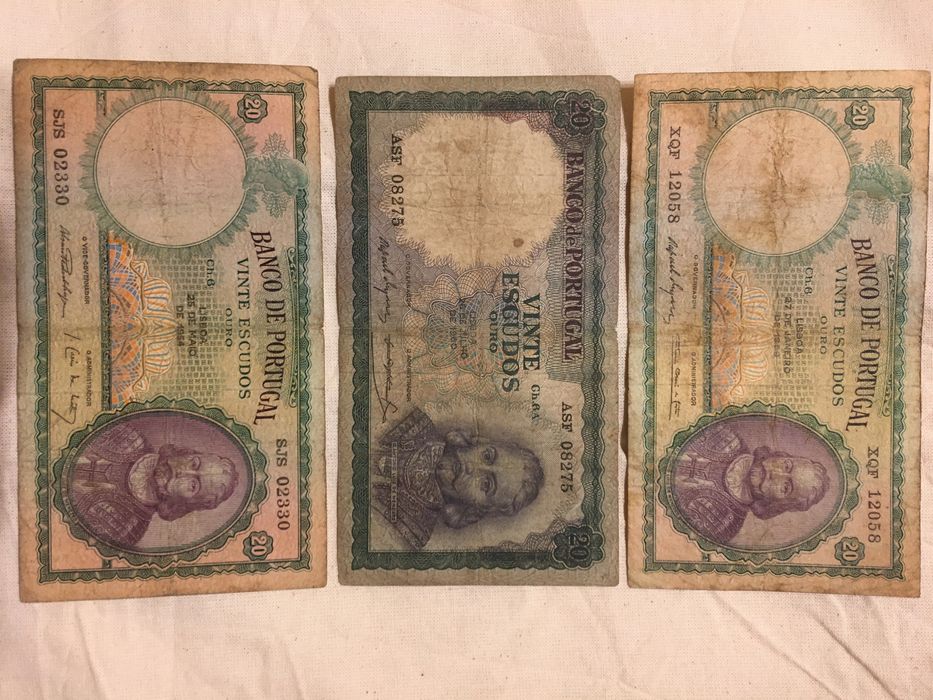Tres notas antigas de 20 escudos - notafilia
