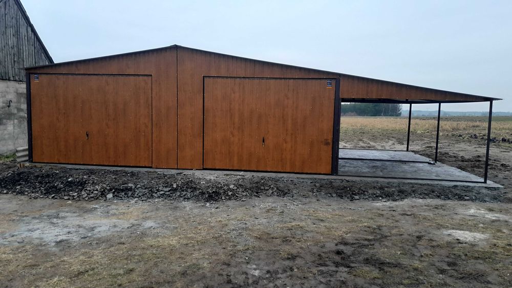 Garaż blaszany 7x5 złoty dąb +3m wiata