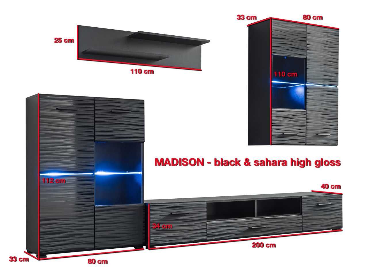 Meblościanka MADISON - Czarny Sahara 3D + LED! Dostawa GRATIS