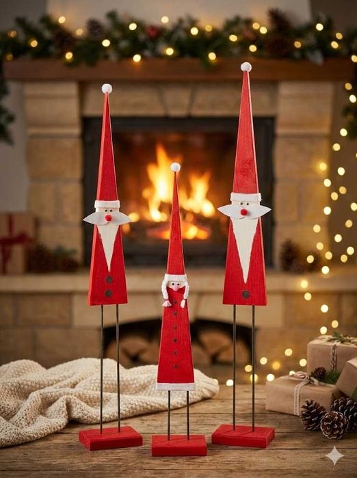 Zestaw dużych drewnianych Skrzatów 100 cm. Rękodzieło. Mikołaje