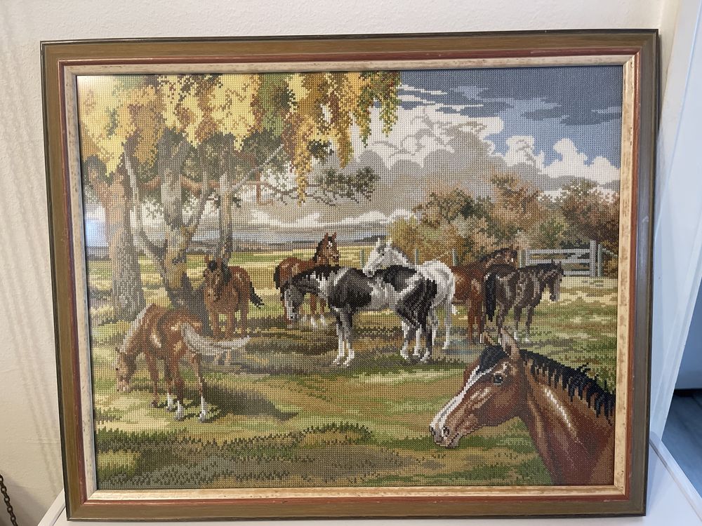 Stary wyszywany ręcznie obraz z końmi konie Handmade