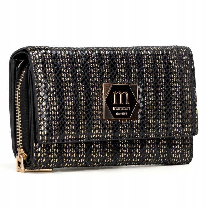 MONNARI Portfel Damski Elegancki Skóra Węża Eko Czarny Złoty Prezent