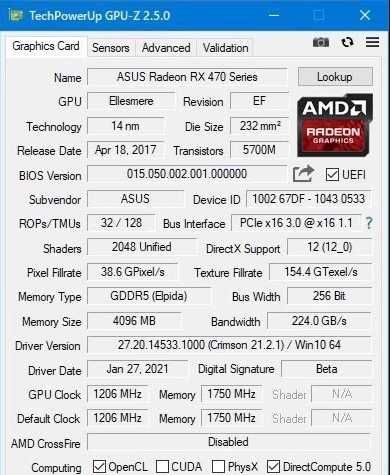 Видеокарта asus RX 470 4GB - DVI обслужена Гарантия
